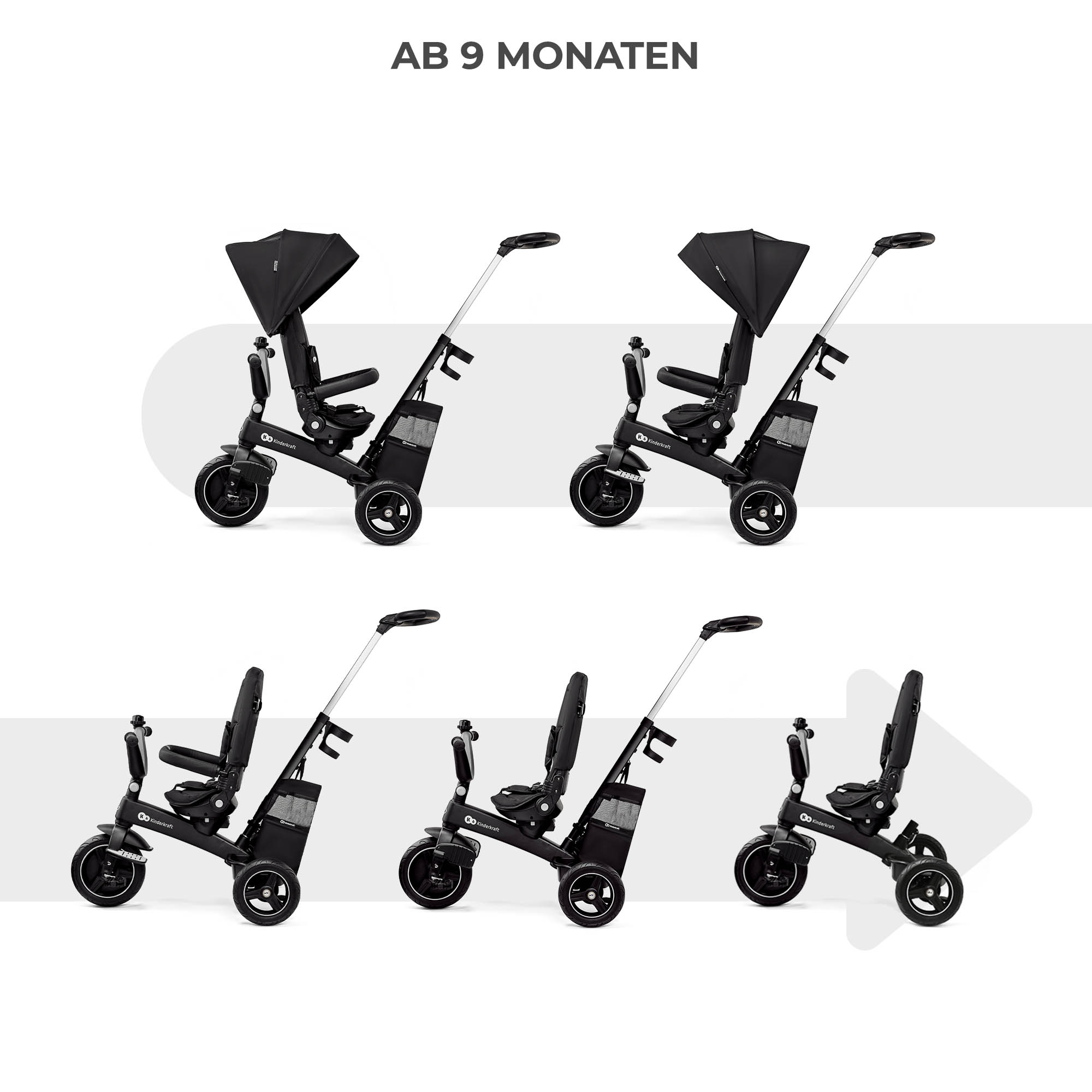 Sechs schwarze Dreiräder mit Sonnendach und Griff. Ab 9 Monaten.