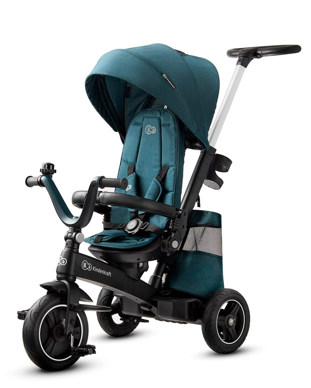 Ein teal Kinderkraft 3-in-1 Dreirad mit Verdeck, Sitz, Elterngriff und Aufbewahrungstasche.