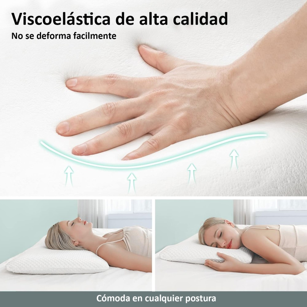 Mano presiona almohada blanca. Dos mujeres duermen en almohadas.
