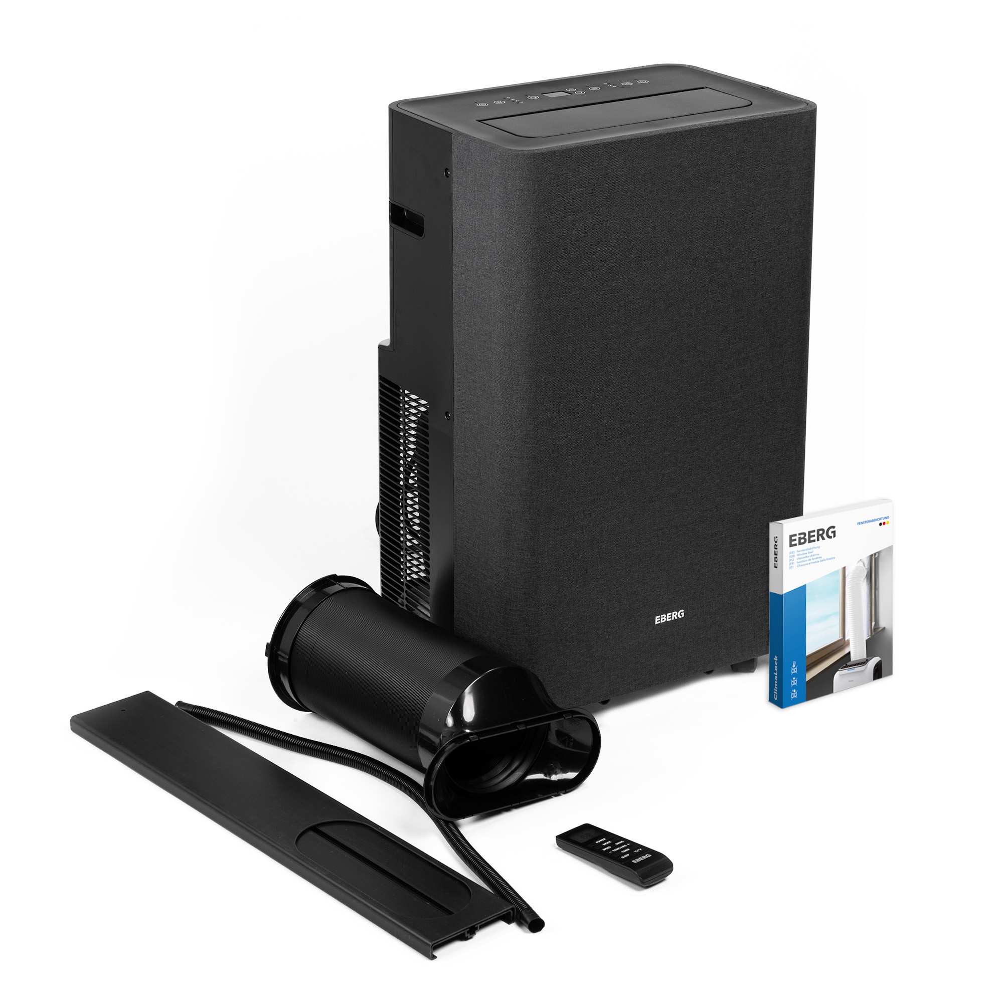 Ciemny zestaw przenośnej klimatyzacji z wężem, pilotem i zestawem uszczelniającym okno.