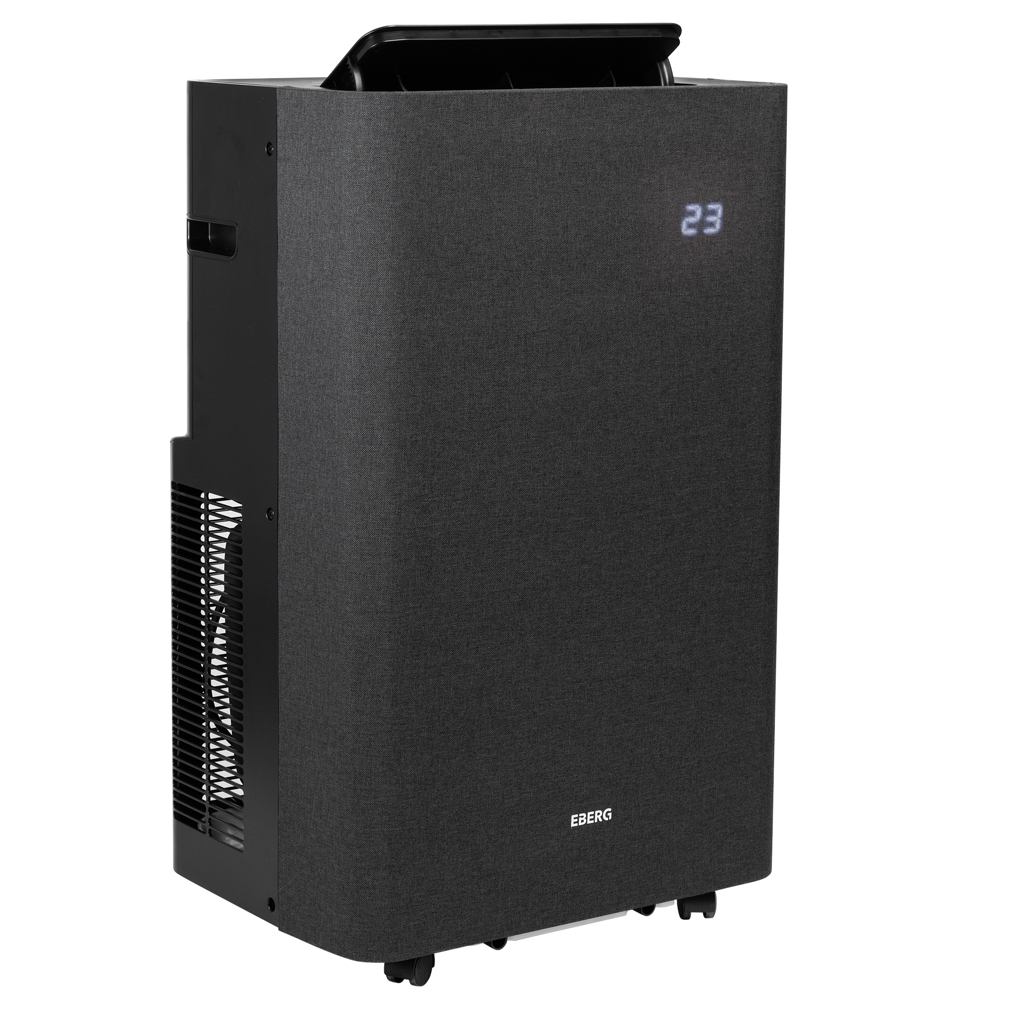 Ciemny, przenośny klimatyzator z kółkami i cyfrowym wyświetlaczem pokazującym 23.