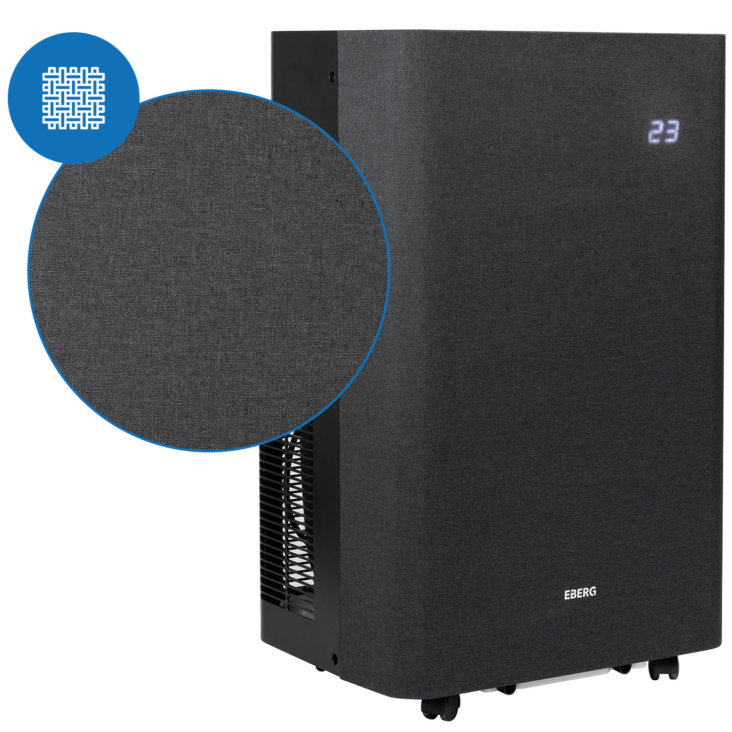 Ciemny, prostokątny oczyszczacz powietrza na kółkach z cyfrowym wyświetlaczem.