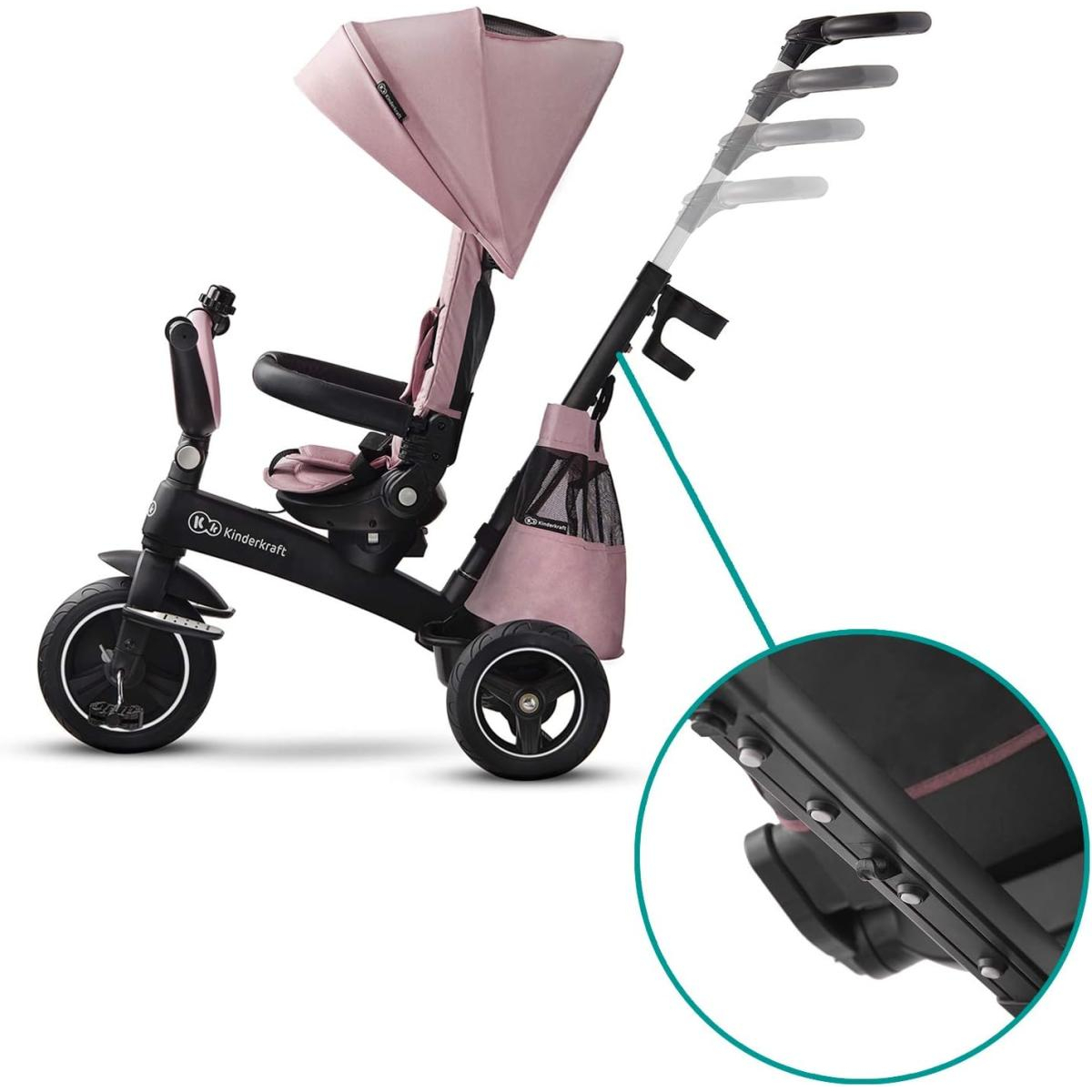 Rosa Kinderkraft Dreirad mit verstellbarem Griff, Verdeck, Sitz und Aufbewahrungstasche.