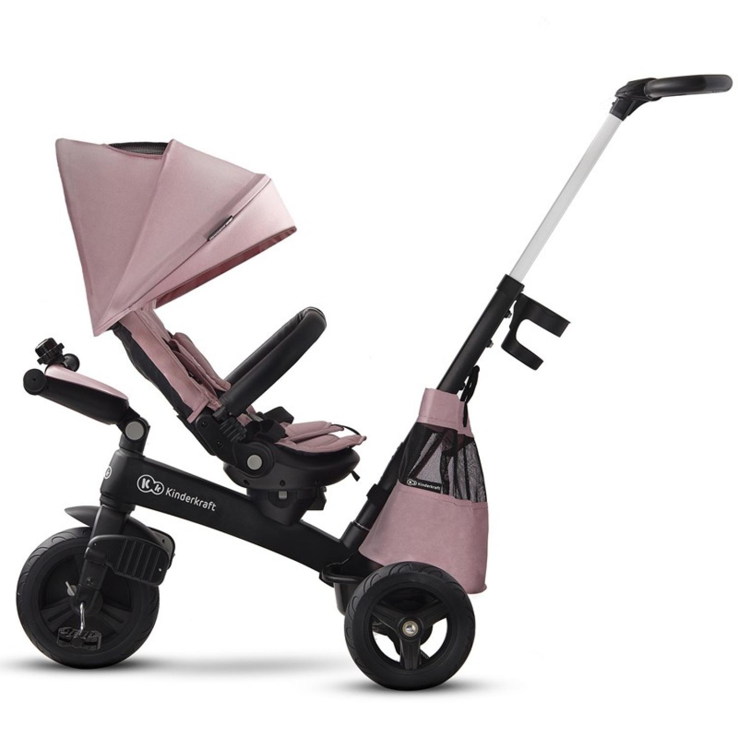 Ein rosafarbener Kinderwagen mit Sonnendach und Anschnallgurt auf weißem Hintergrund.