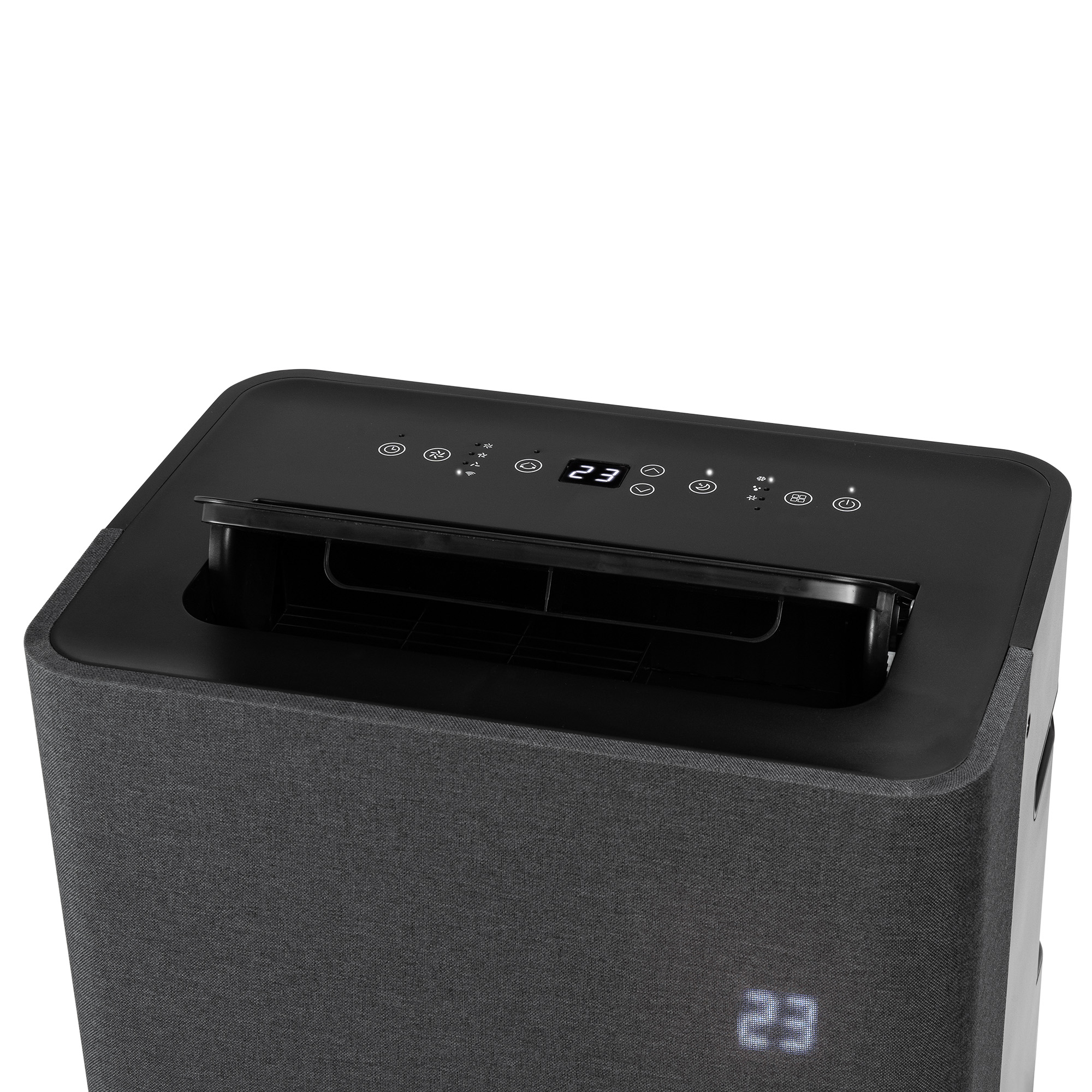 Przenośny klimatyzator z tekstylną obudową i cyfrowym wyświetlaczem (23).