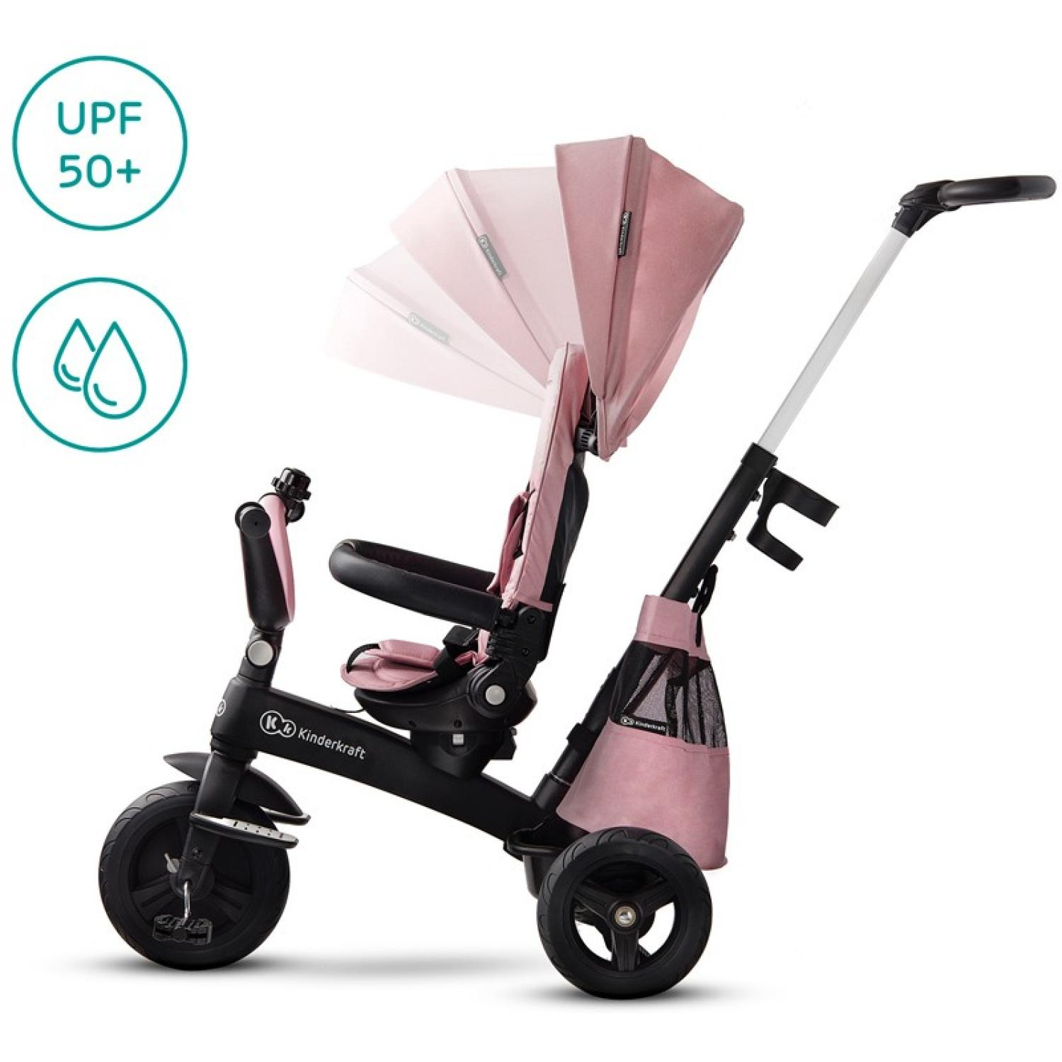 Rosa Kinderkraft Dreirad mit verstellbarem Verdeck und Sicherheitsgurt.