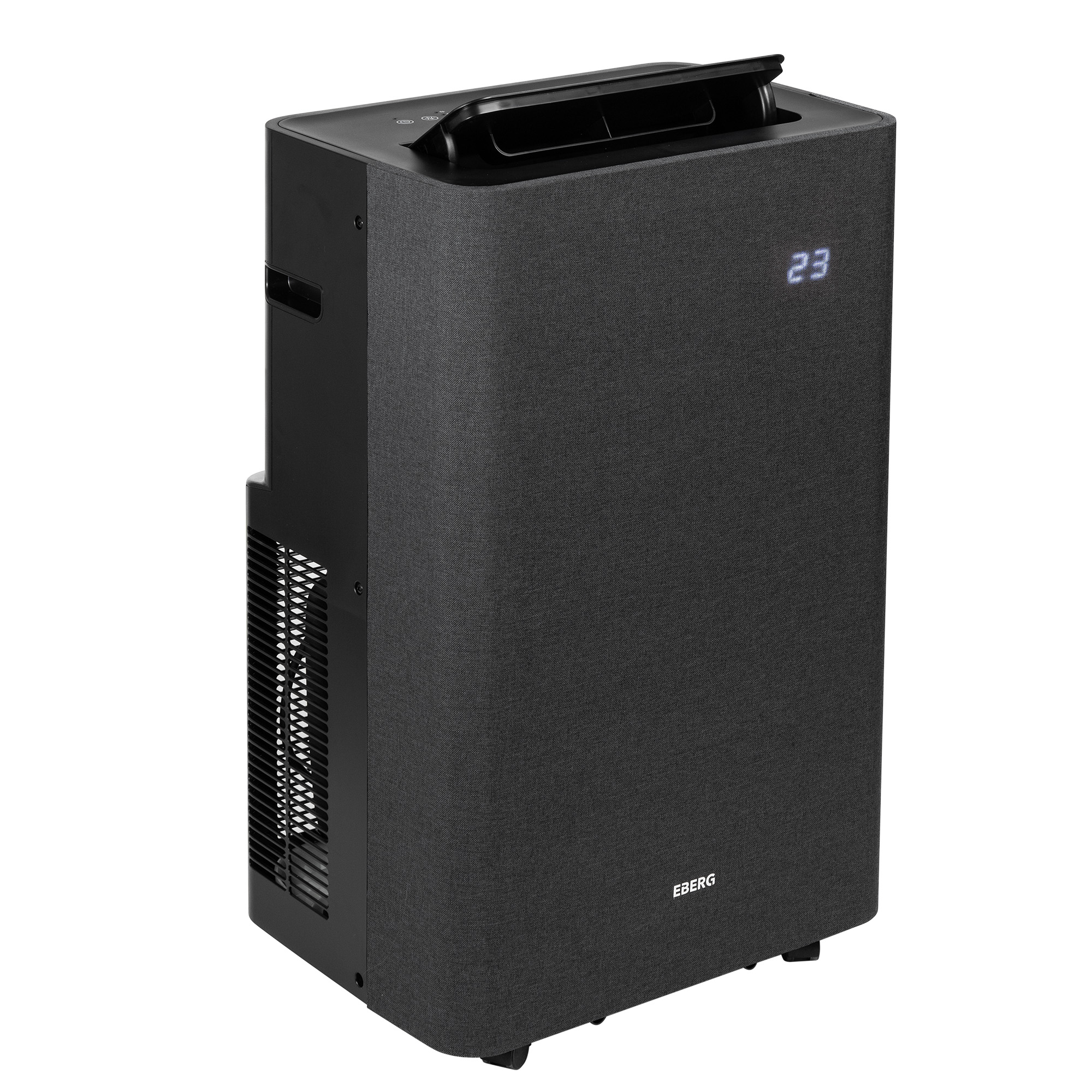 Czarny przenośny klimatyzator osuszacz z otworami wentylacyjnymi i wyświetlaczem cyfrowym.