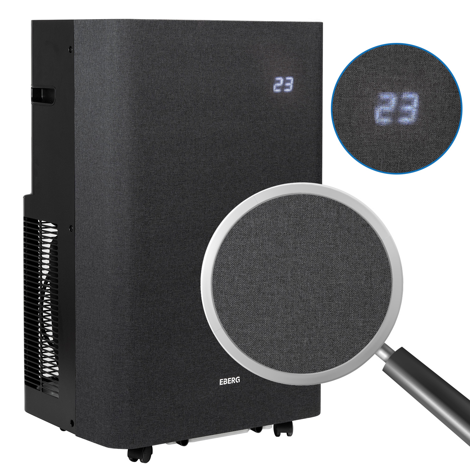 Ciemny, materiałowy klimatyzator z cyfrowym wyświetlaczem '23' i powiększeniem.