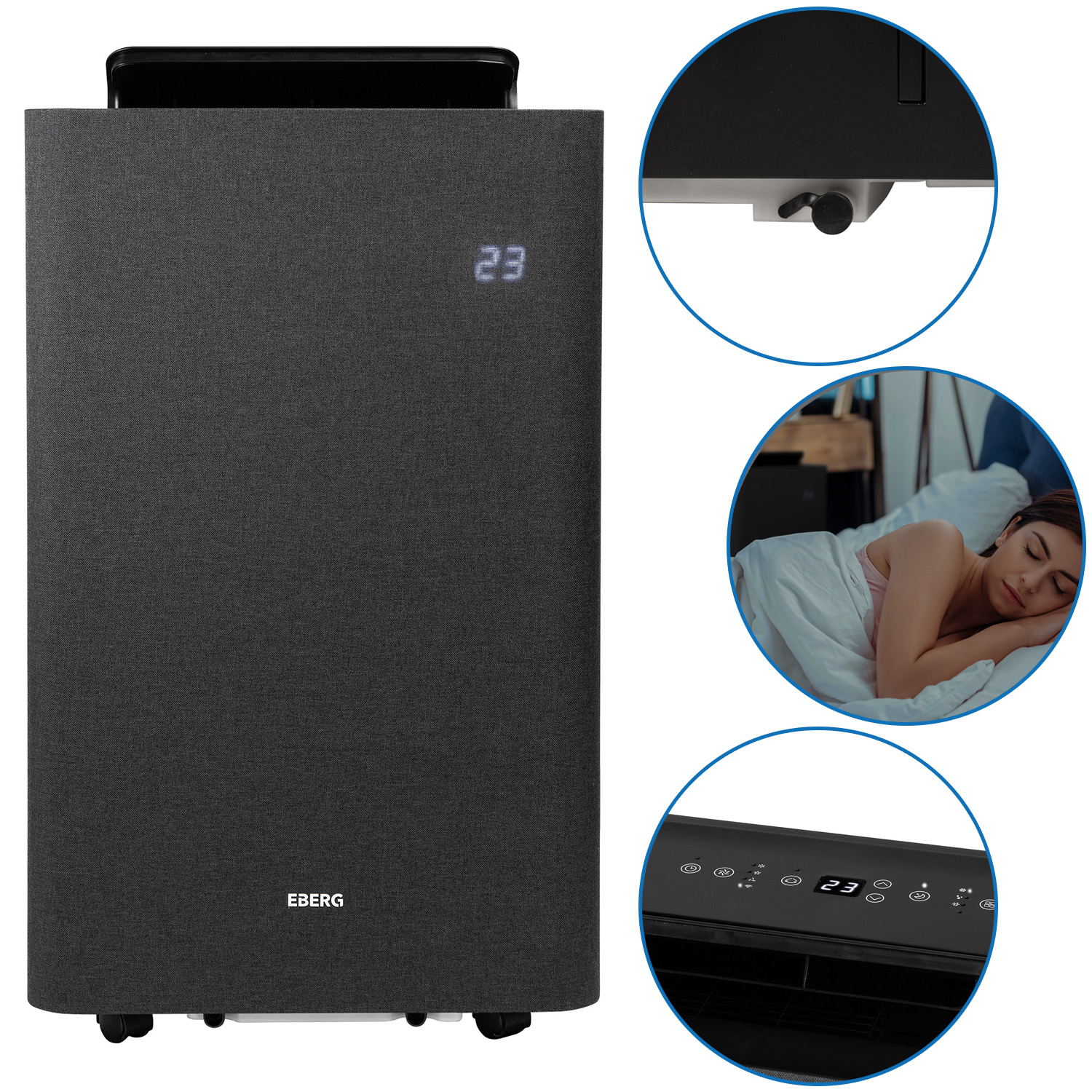 Ciemny osuszacz powietrza z kółkami, wyświetlacz 23°C, kobieta śpi w łóżku.