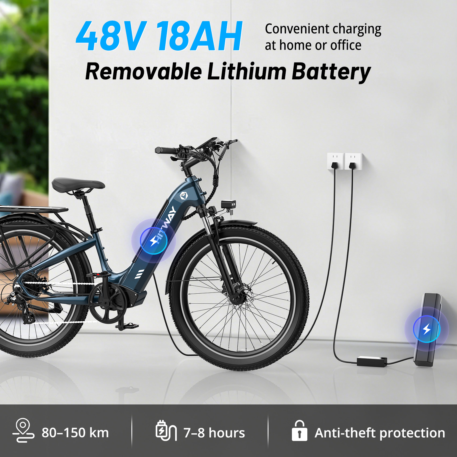 Un vélo électrique bleu est en charge. Les spécifications sont affichées.