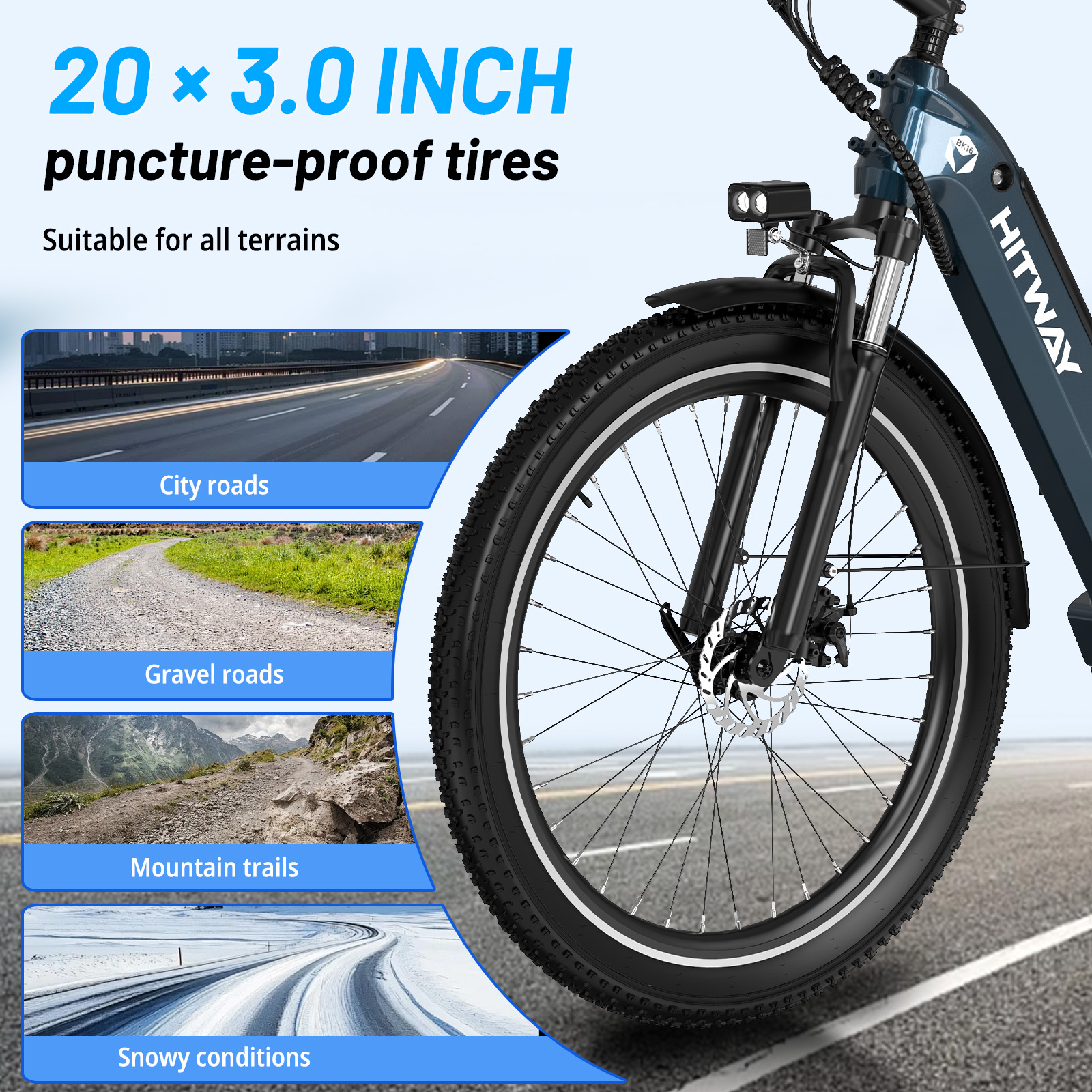 Gros plan d'un vélo électrique avec pneus increvables 20x3,0 pouces, adaptés à tous les terrains.