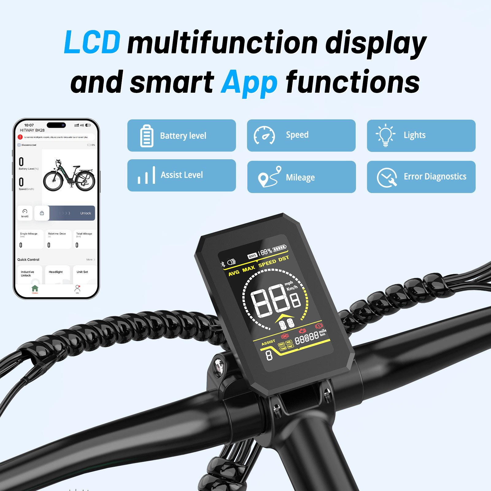 Écran LCD avec fonctions d'application, affichant vitesse, batterie et kilométrage vélo.