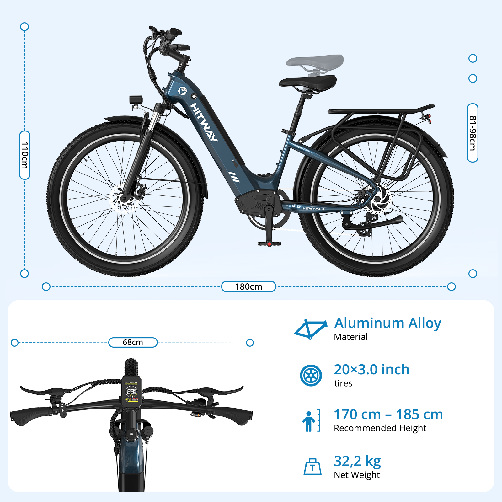 Vélo électrique bleu avec pneus noirs, porte-bagages et écran.