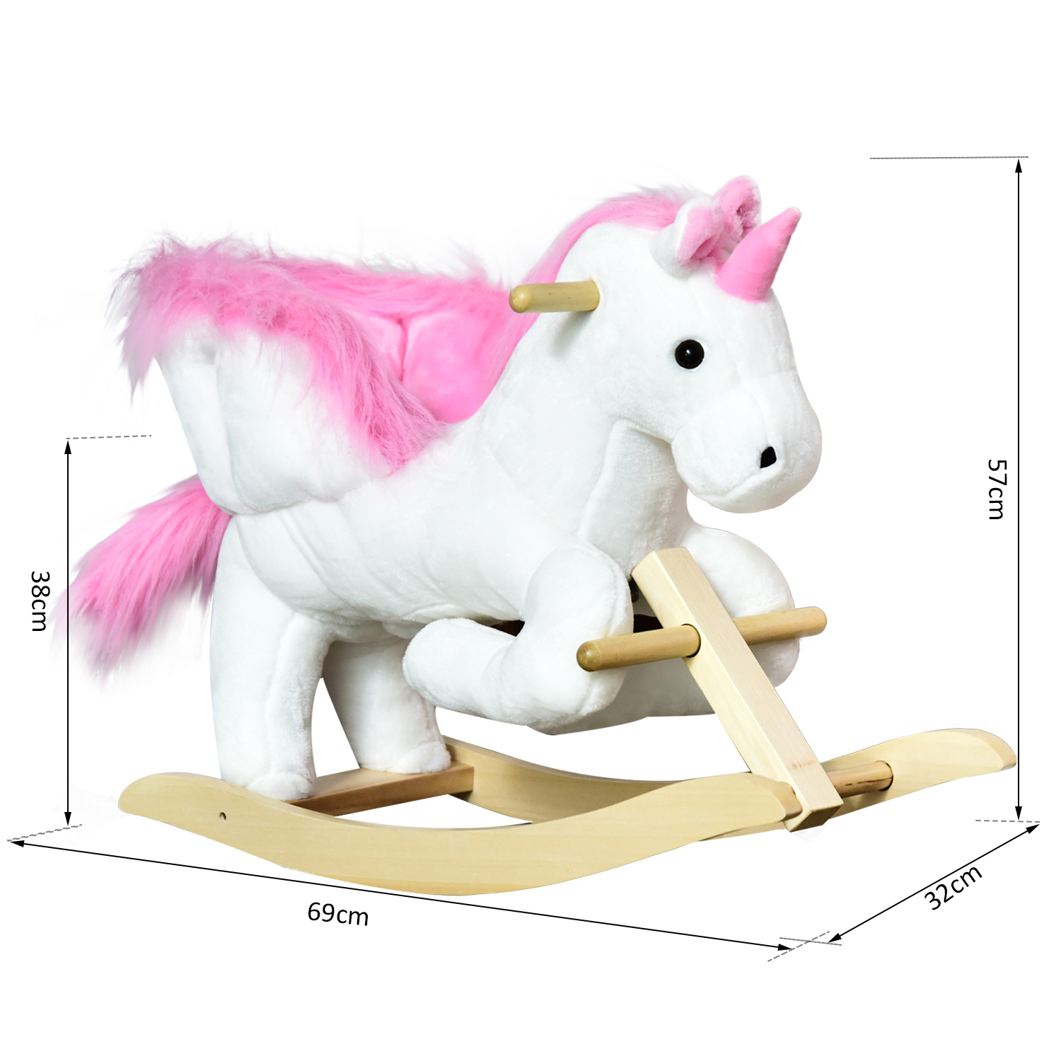 Un dondolo unicorno di peluche bianco con criniera e coda rosa, su rocker di legno.