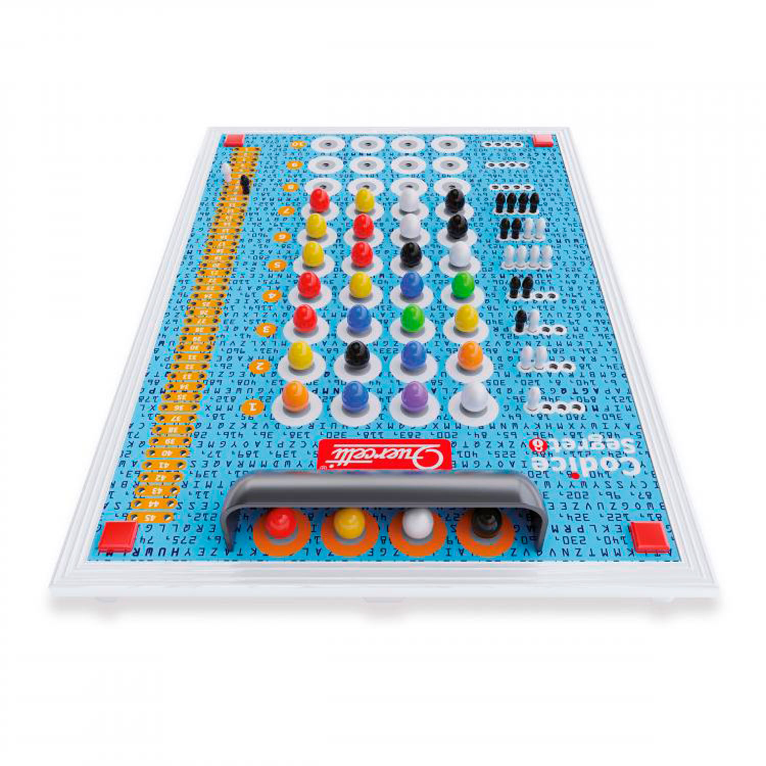 Un gioco da tavolo con pedine colorate, lettere e numeri su sfondo blu.