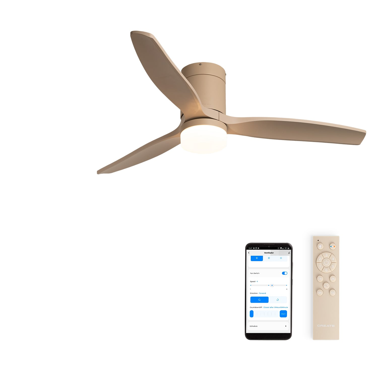 Un ventilador de techo beige con luz junto a un mando y un smartphone.