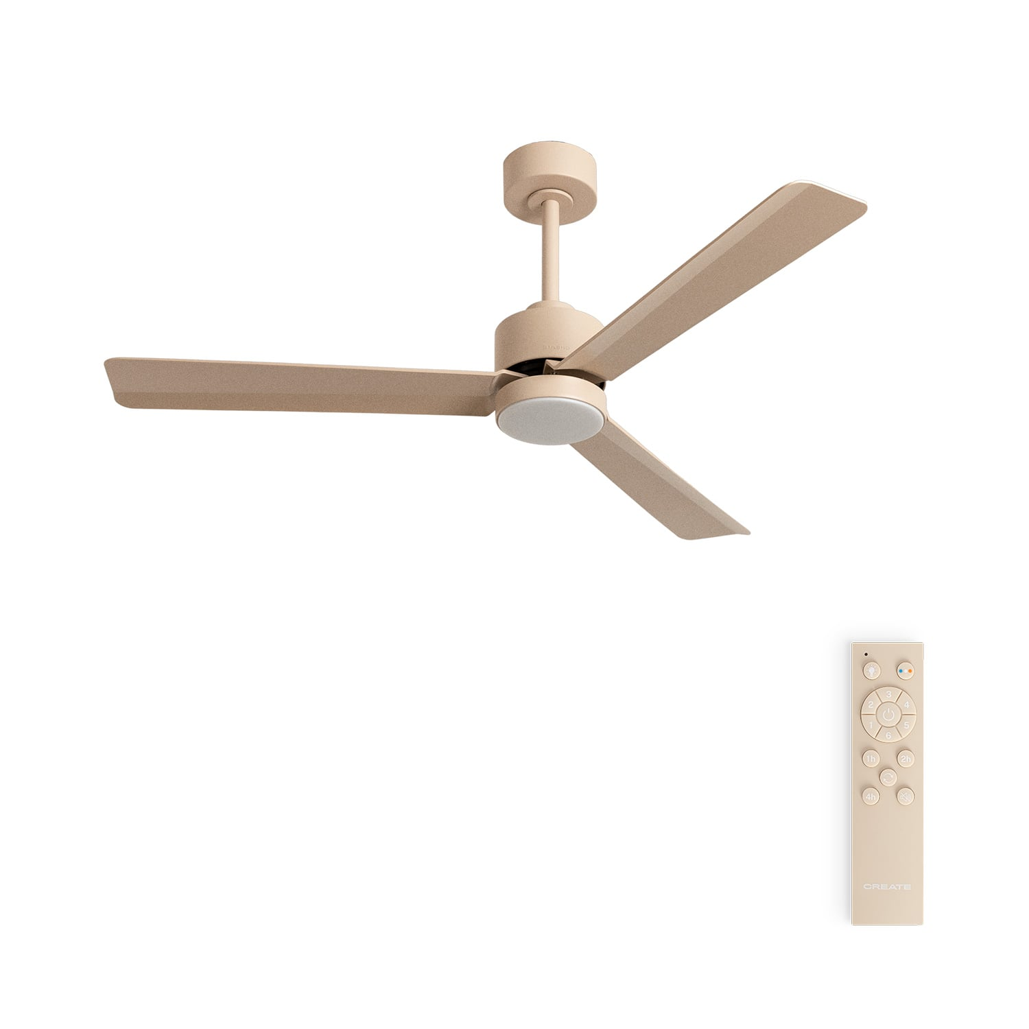 Un ventilador de techo beige con tres aspas y un mando a distancia sobre fondo blanco.