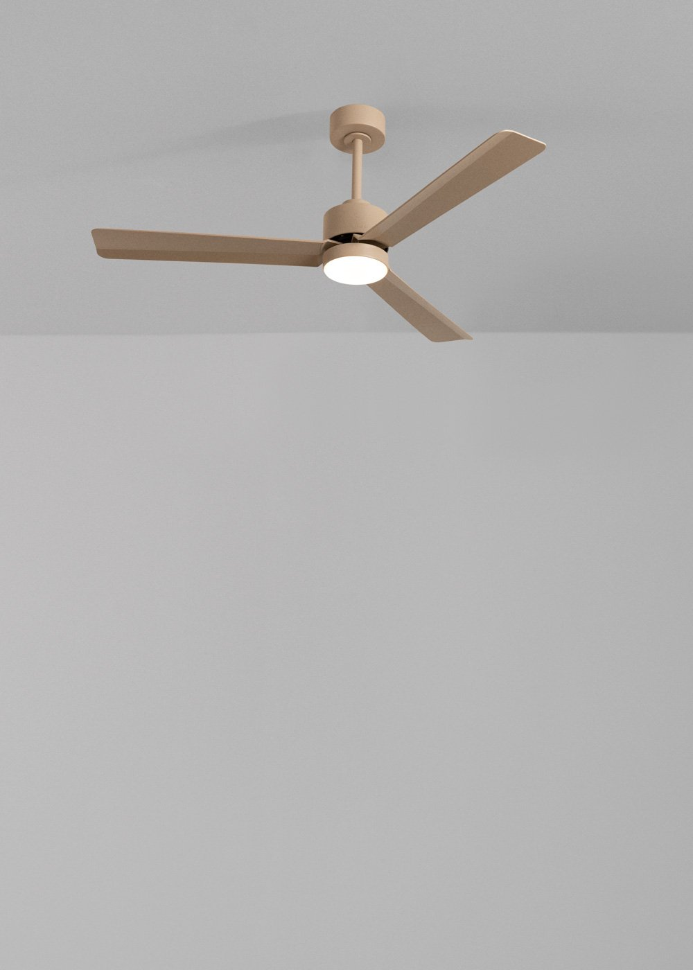 Un ventilador de techo beige con luz integrada.