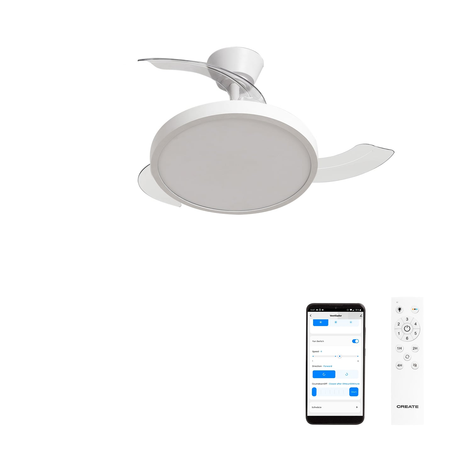 Un ventilador de techo blanco con mando a distancia y app móvil.