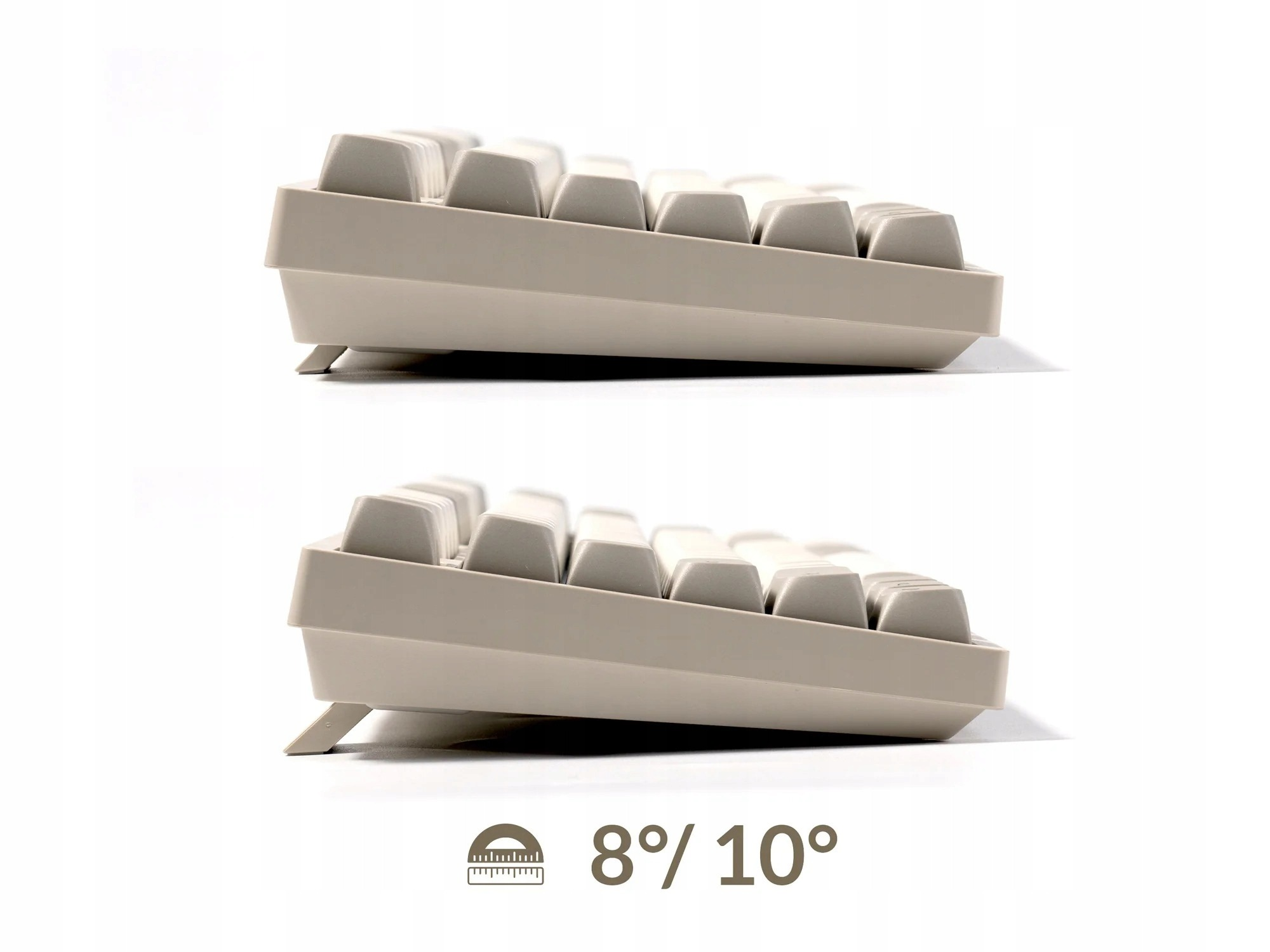 Widok z boku klawiatury pokazujący kąty 8°/10° na białym tle.