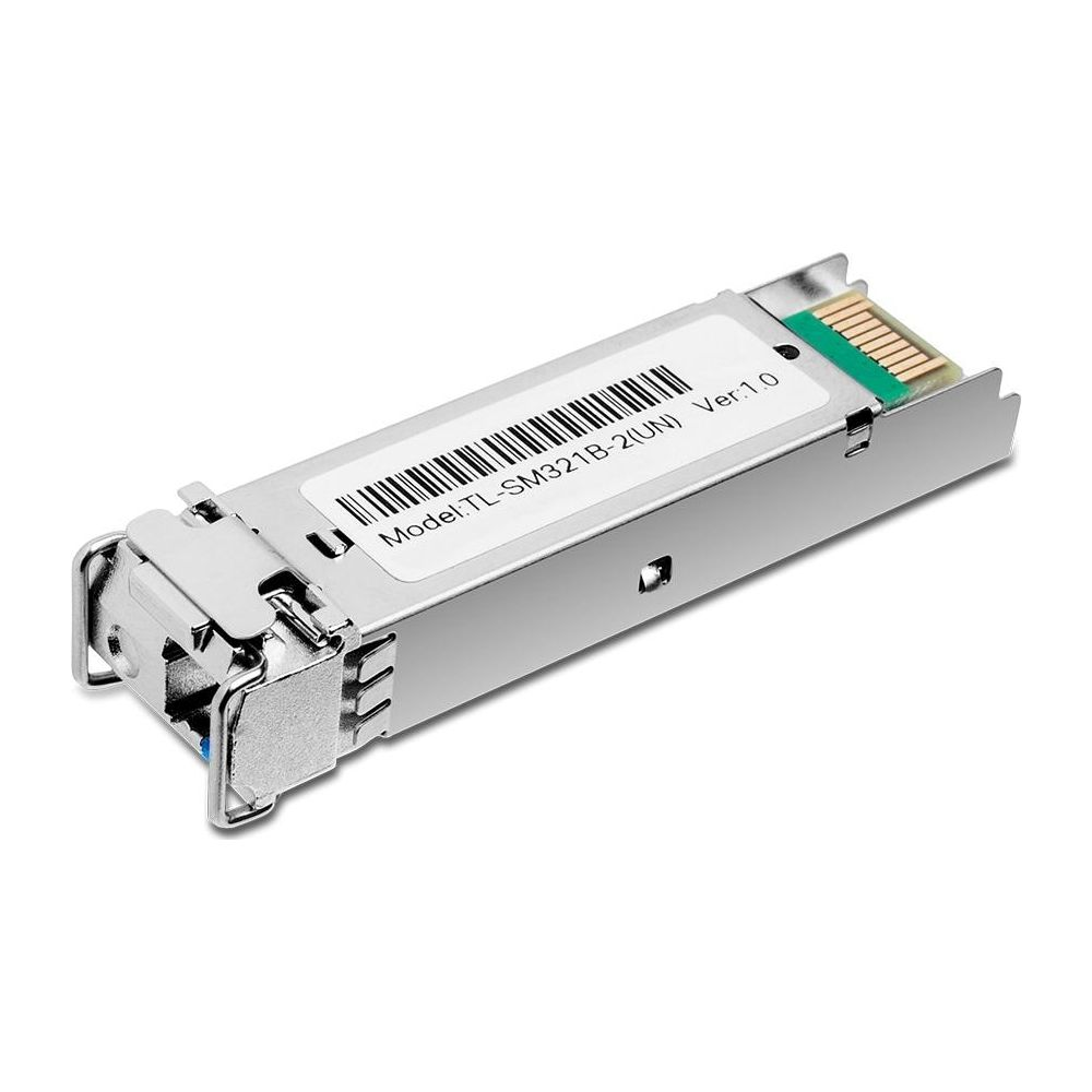 Un transceiver SFP argentato con etichetta indicante modello e versione.