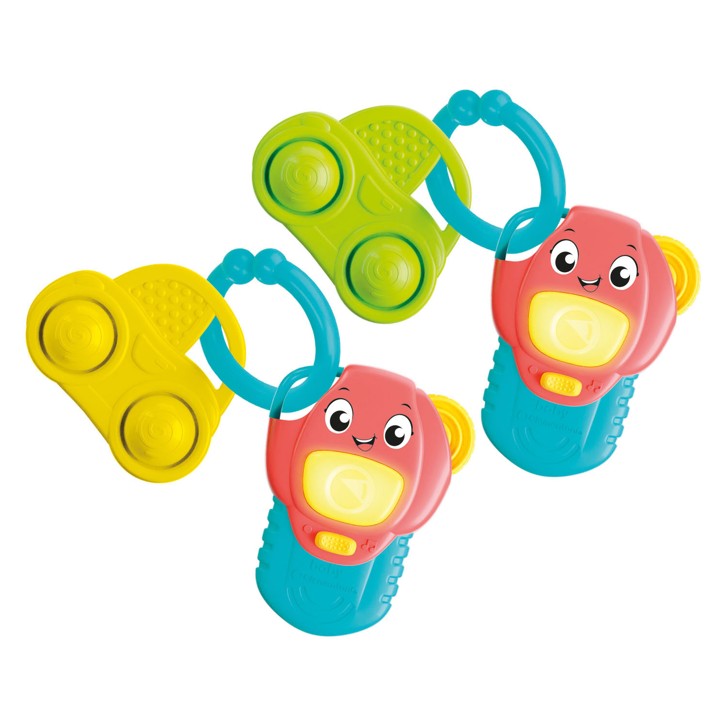 Tre sonagli colorati per bambini: rossi, gialli e verdi. Due sonagli rossi hanno facce.