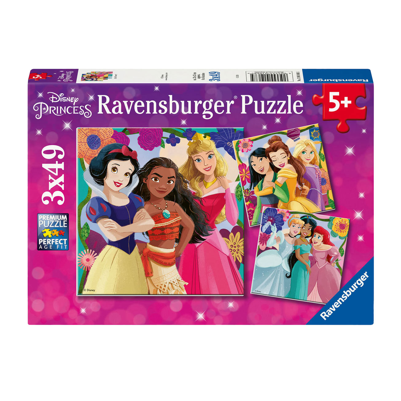 Puzzle Ravensburger Disney Principesse 3x49 pezzi con Biancaneve, Moana, Aurora, Rapunzel, Belle e Ariel.