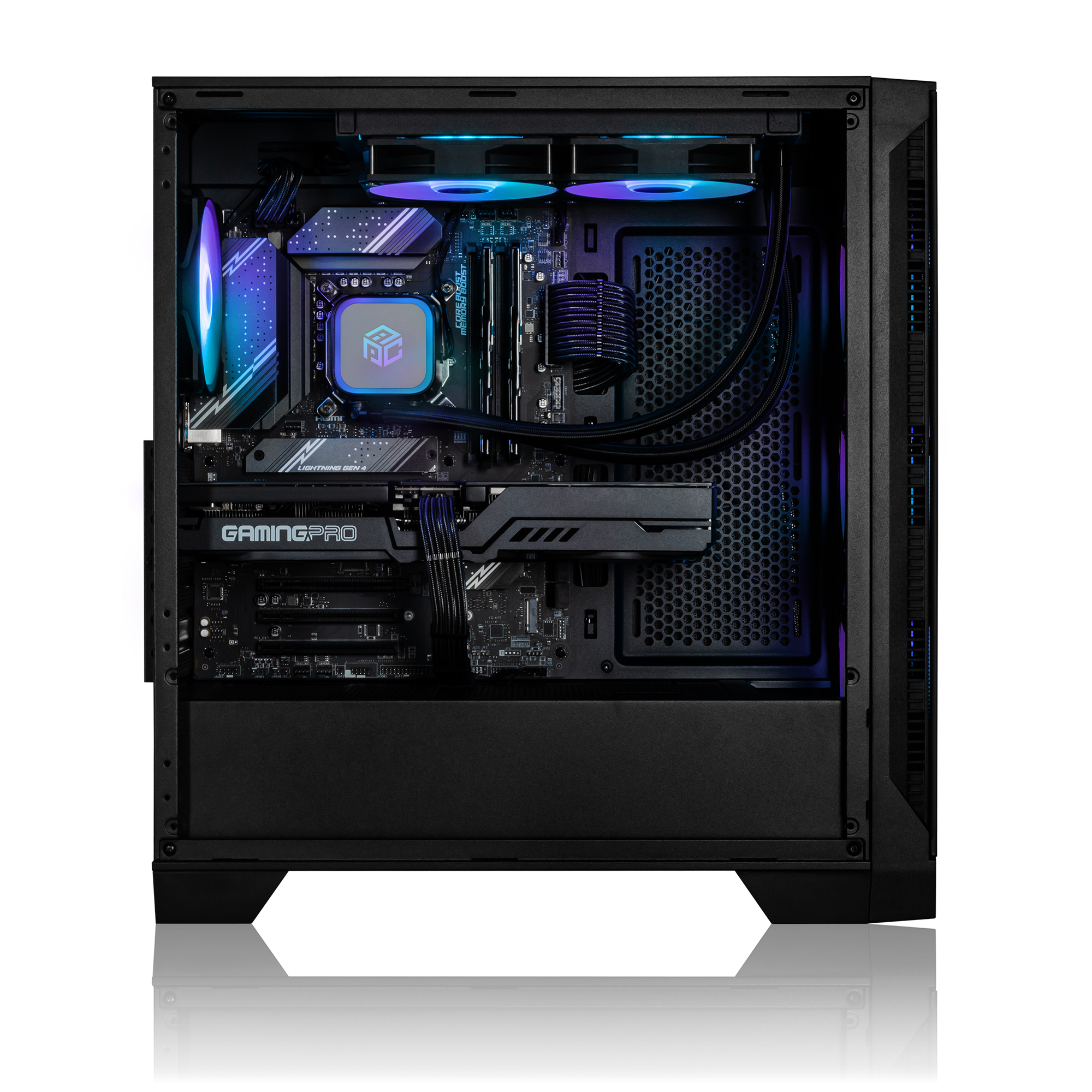 Ein geöffnetes PC-Gehäuse mit blauen und violetten RGB-Lüftern und Komponenten.