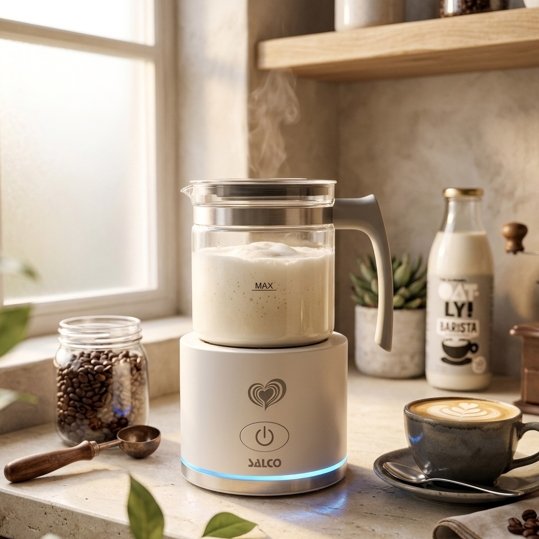 Ein Milchaufschäumer mit Dampf, daneben Kaffee, Bohnen und Milch.