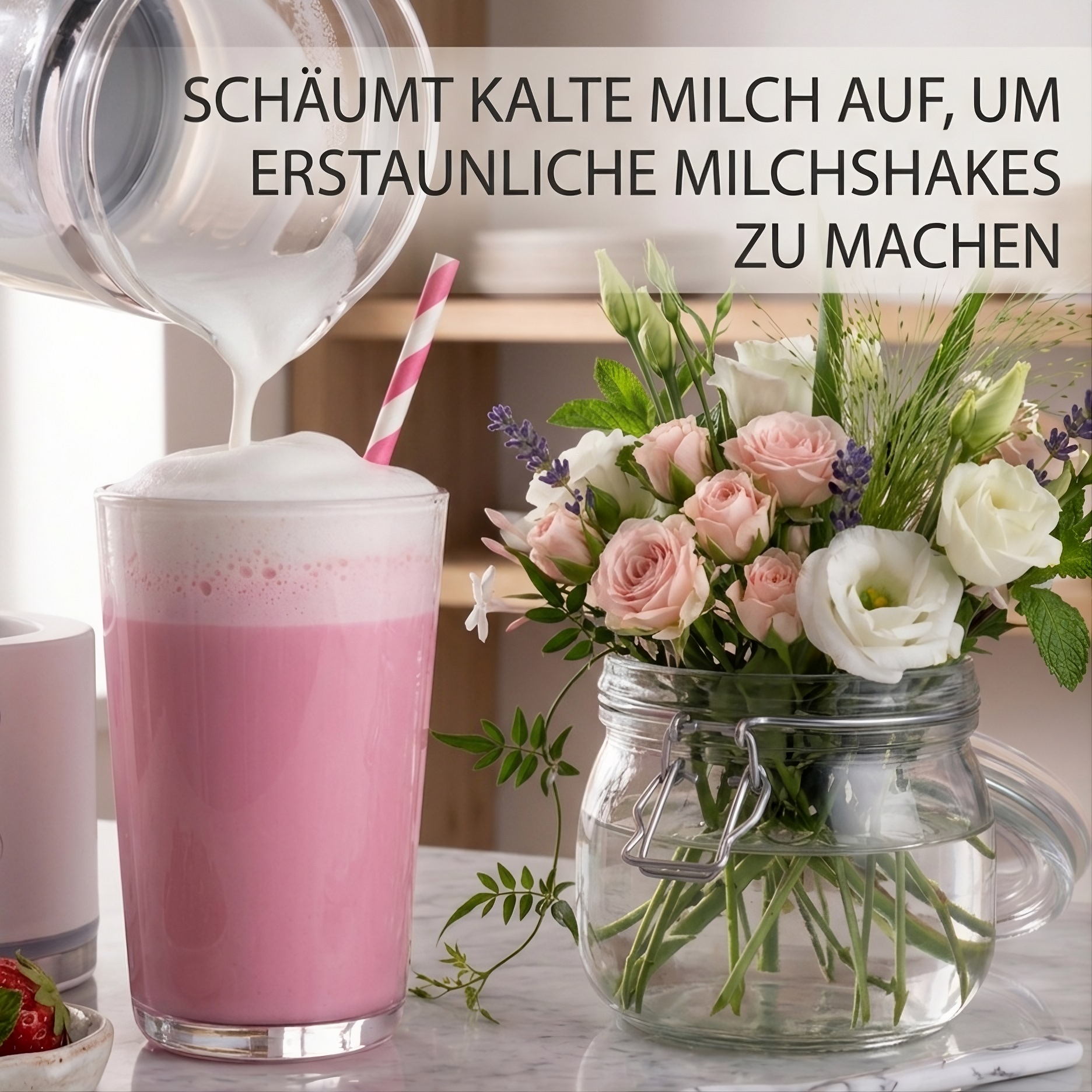 Milchschaum wird in ein Glas mit rosa Milch gegossen. Blumen in einem Glas.