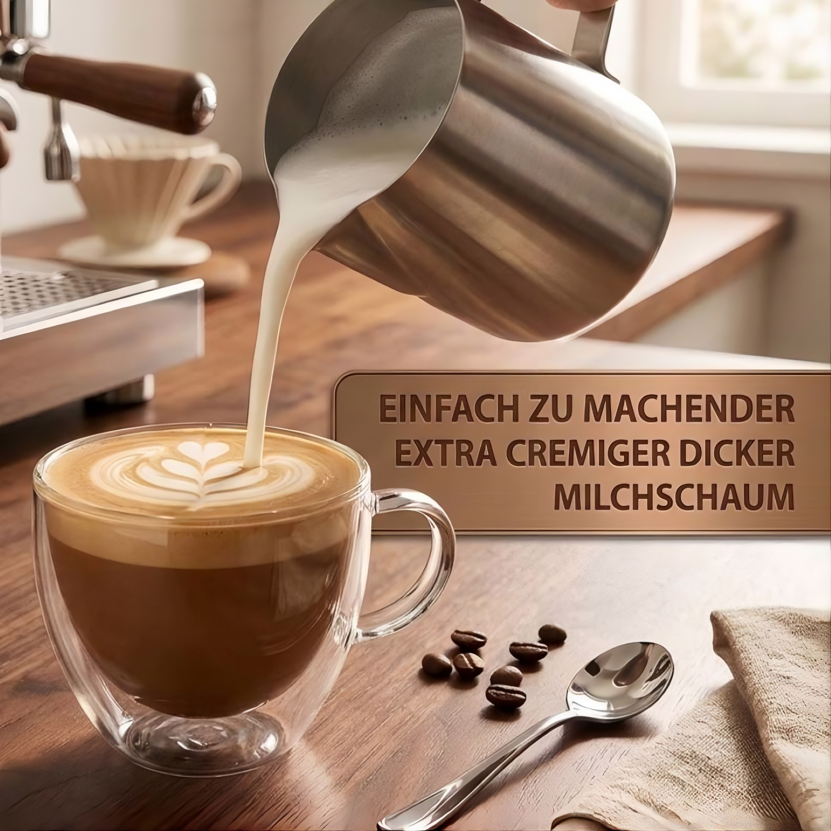 Milchschaum wird in eine Tasse mit Latte Art gegossen. Kaffeebohnen liegen daneben.