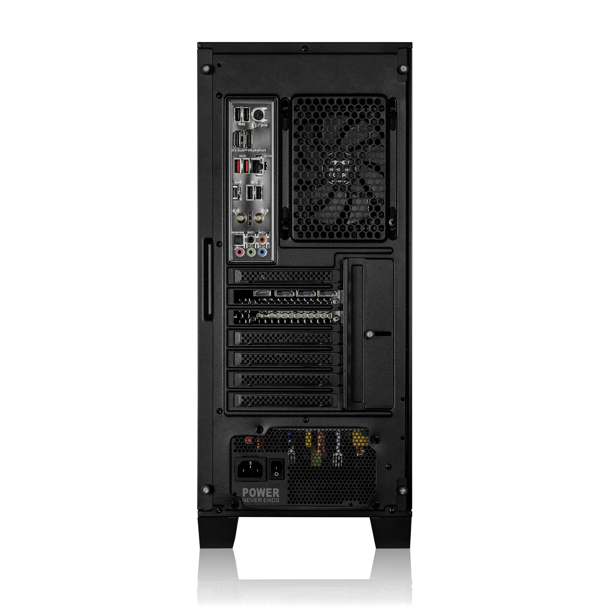 Rückseite eines schwarzen PC-Gehäuses mit Anschlüssen, Lüfter und Netzteil.