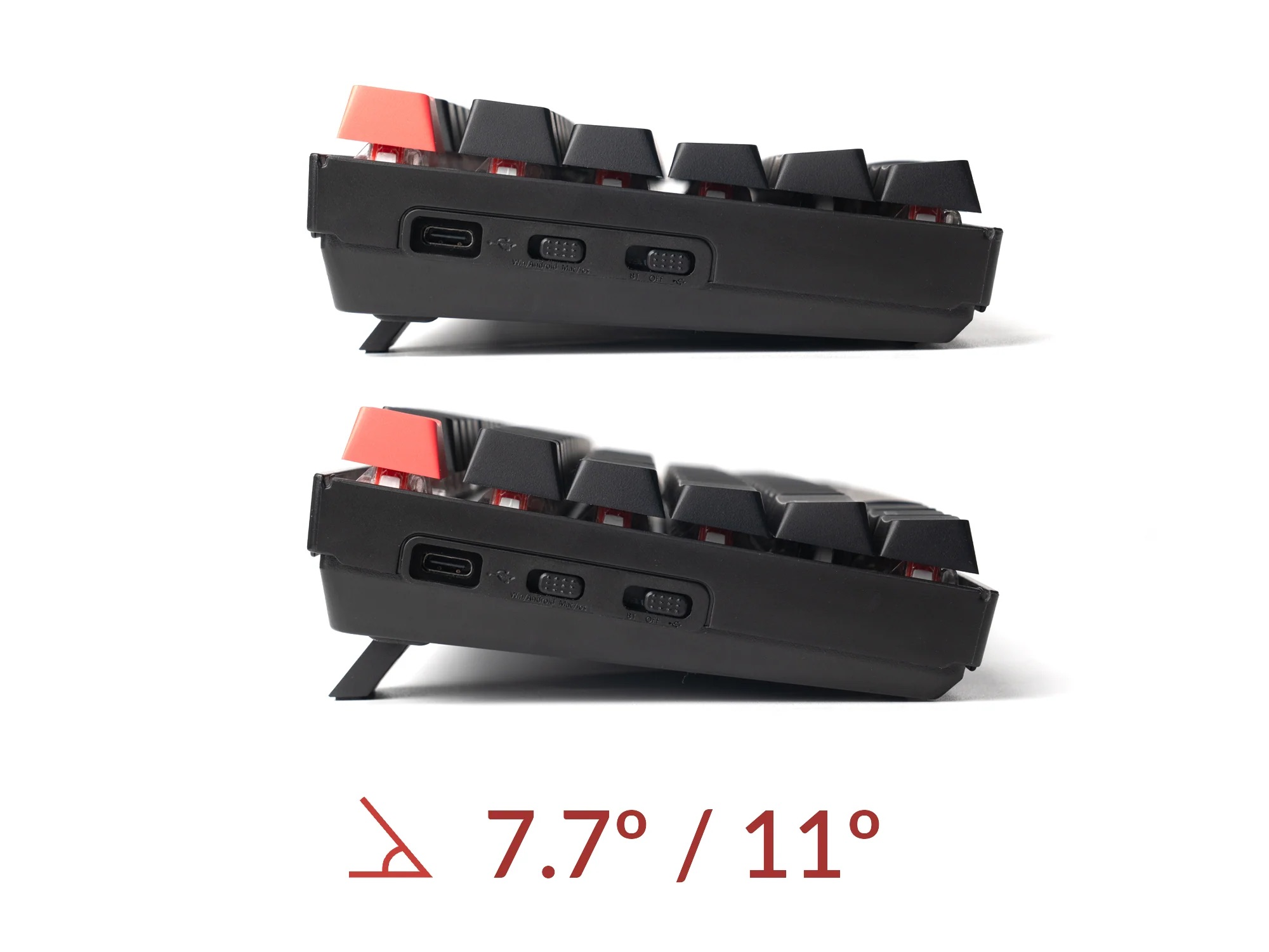 Dwa czarne klawiatury z czerwonymi klawiszami akcentującymi na białym tle.