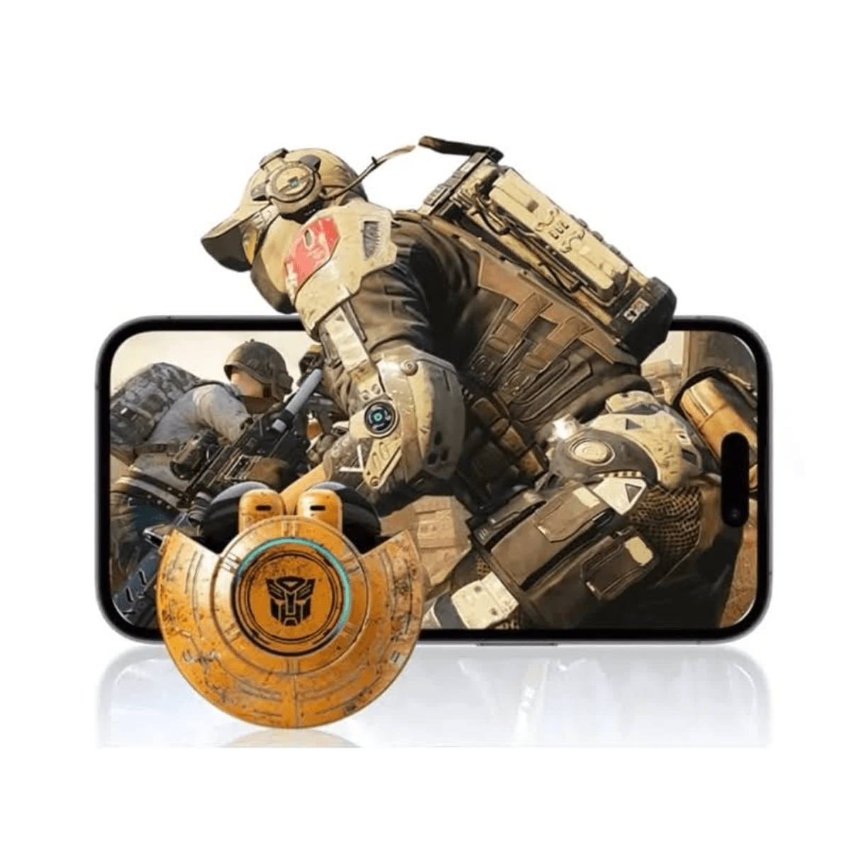 Un smartphone muestra un juego con soldados y un símbolo amarillo de Transformer.