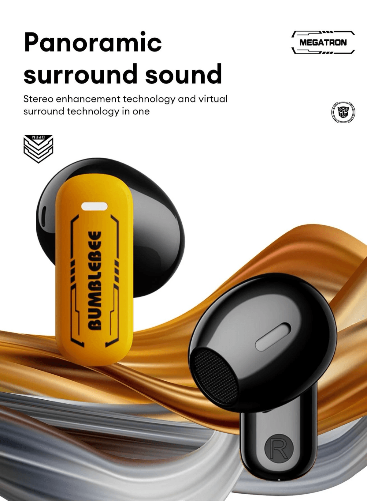 Un estuche amarillo Bumblebee y un audífono negro R sobre un remolino dorado y gris.
