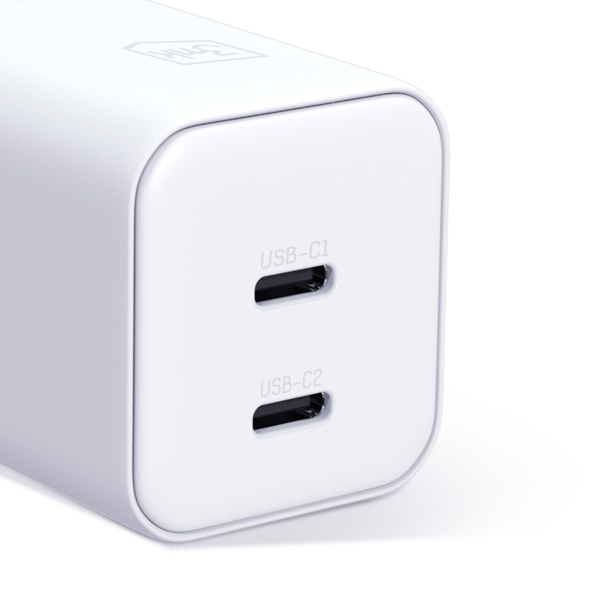 Biała ładowarka USB-C z dwoma portami, z etykietami.