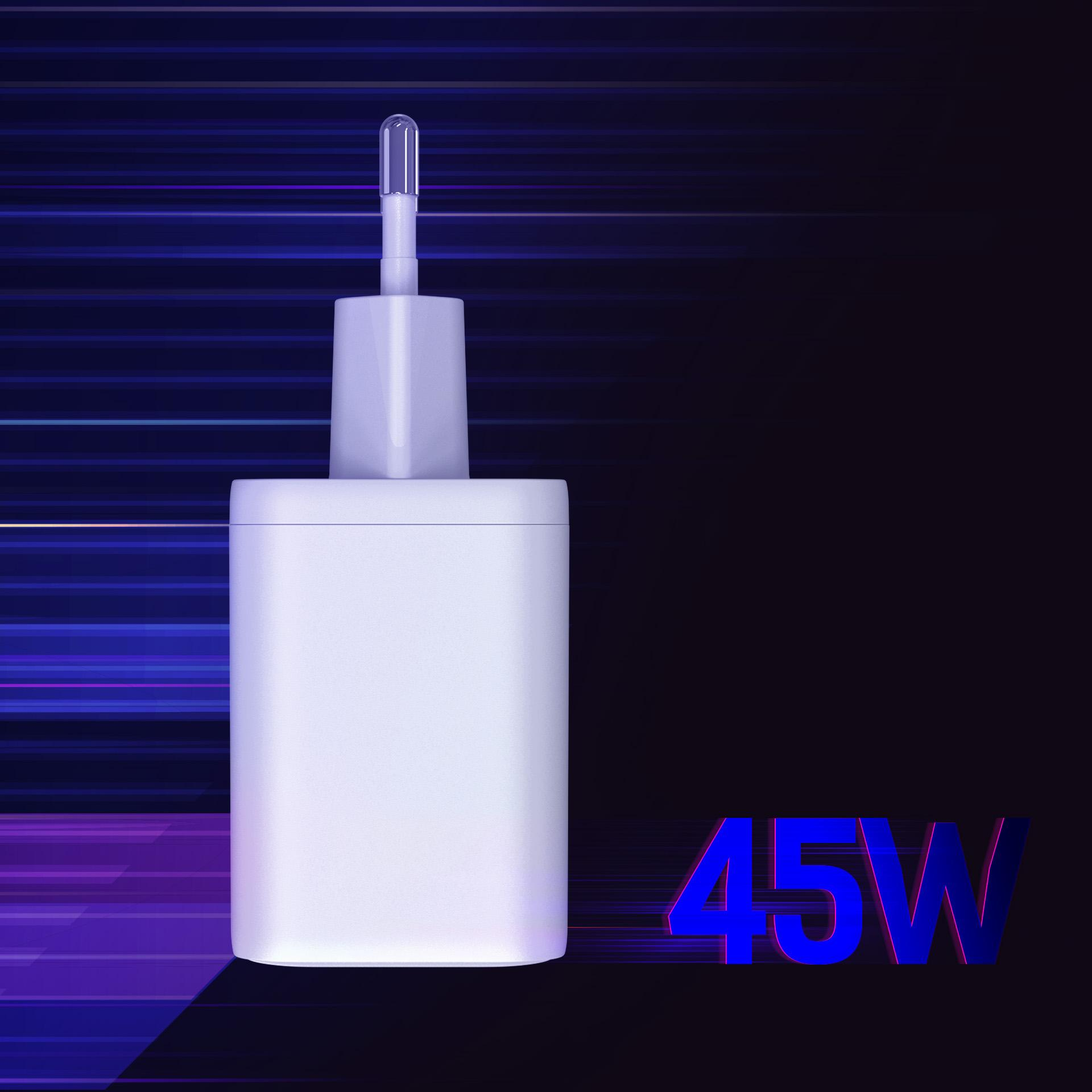Biały zasilacz 45W na ciemnym tle z niebieskimi liniami.