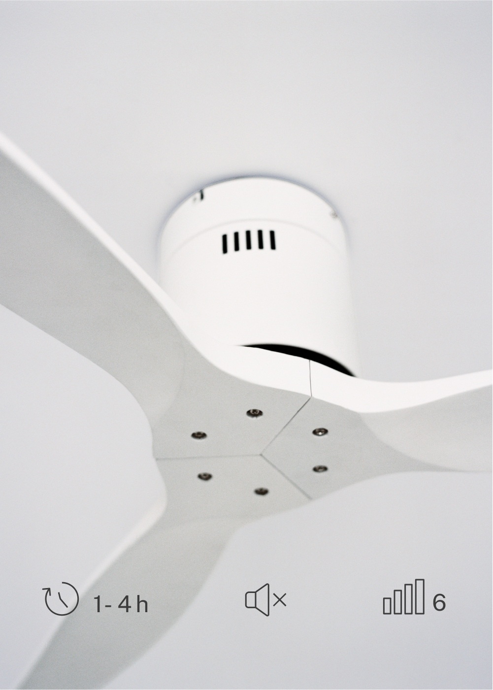 Aspas y carcasa blancas de ventilador de techo con iconos de temporizador, silencio y volumen 6.