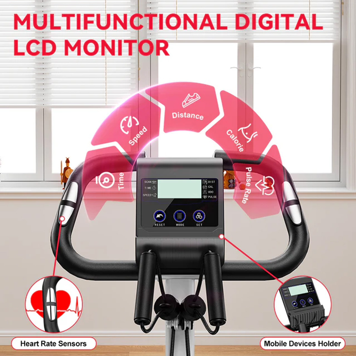 Wielofunkcyjny monitor LCD z prędkością, dystansem, kaloriami, pulsem, czujnikami tętna i uchwytem na urządzenia.