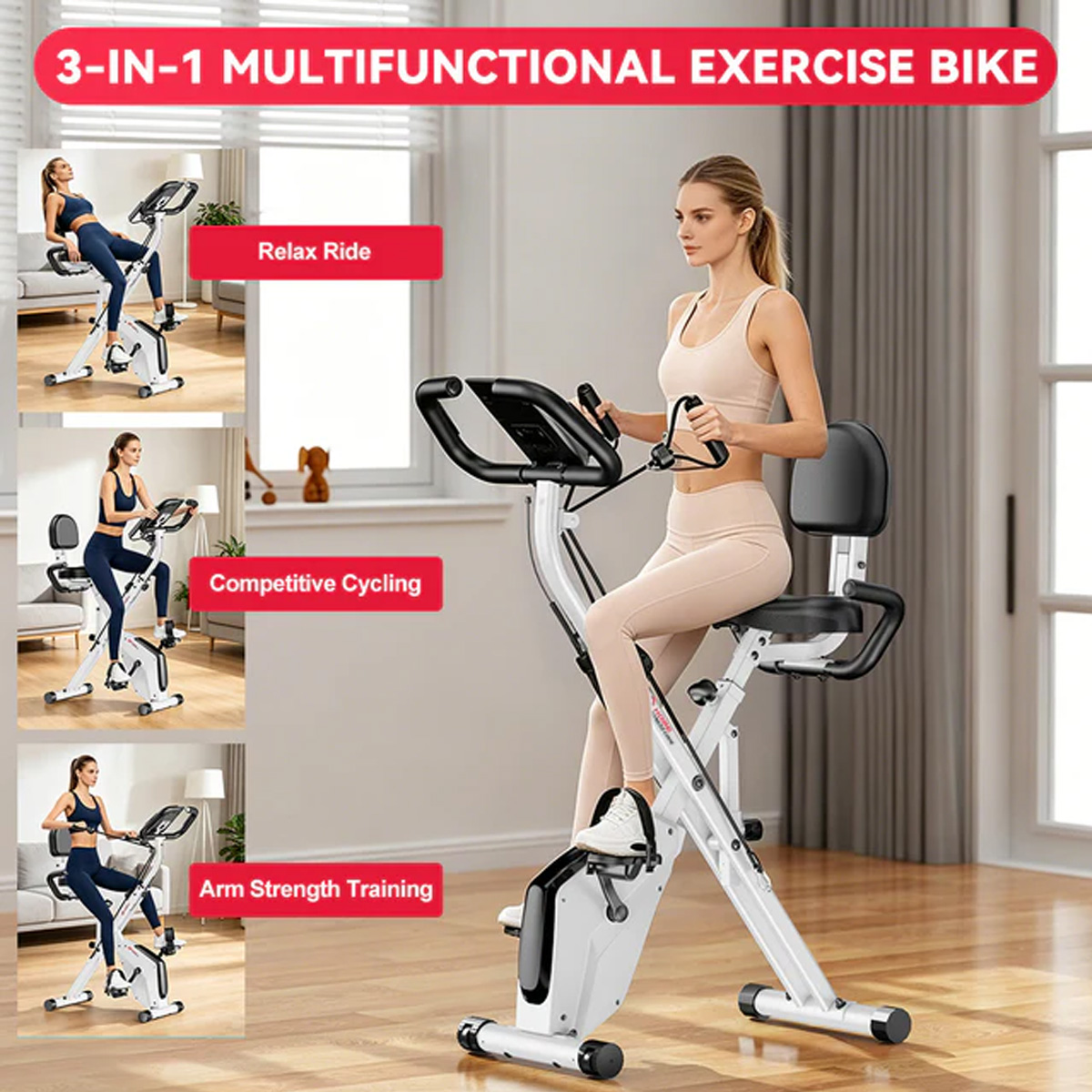 Kobieta na białym wielofunkcyjnym rowerze stacjonarnym z siedzeniem i uchwytami.