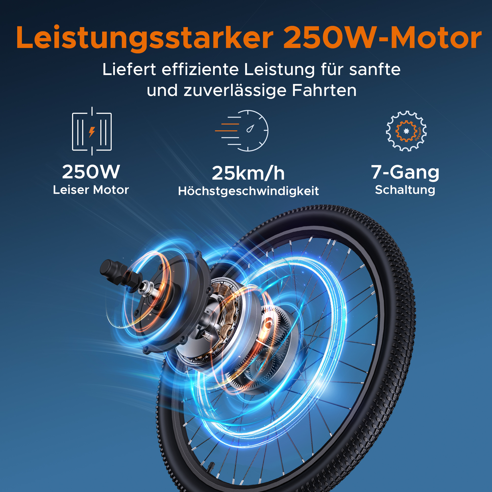 Motor de 250W con 25km/h máx. y 7 velocidades.