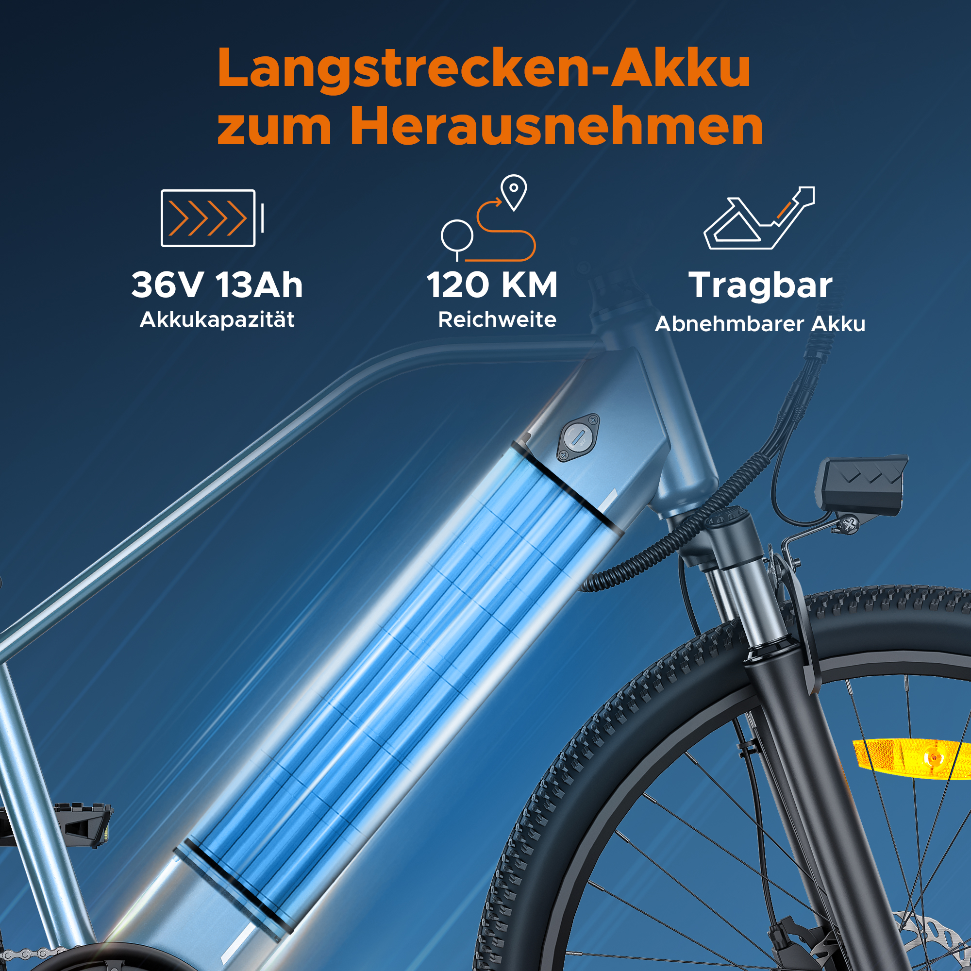 Batería e-bike 36V 13Ah autonomía 120km, extraíble. Detalles sobre fondo azul.