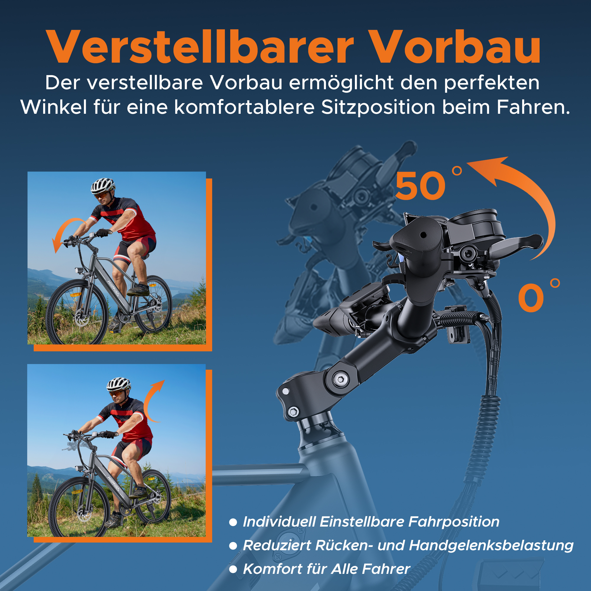 Potencia de bicicleta ajustable con pantalla de ángulo (0-50 grados) e imágenes.