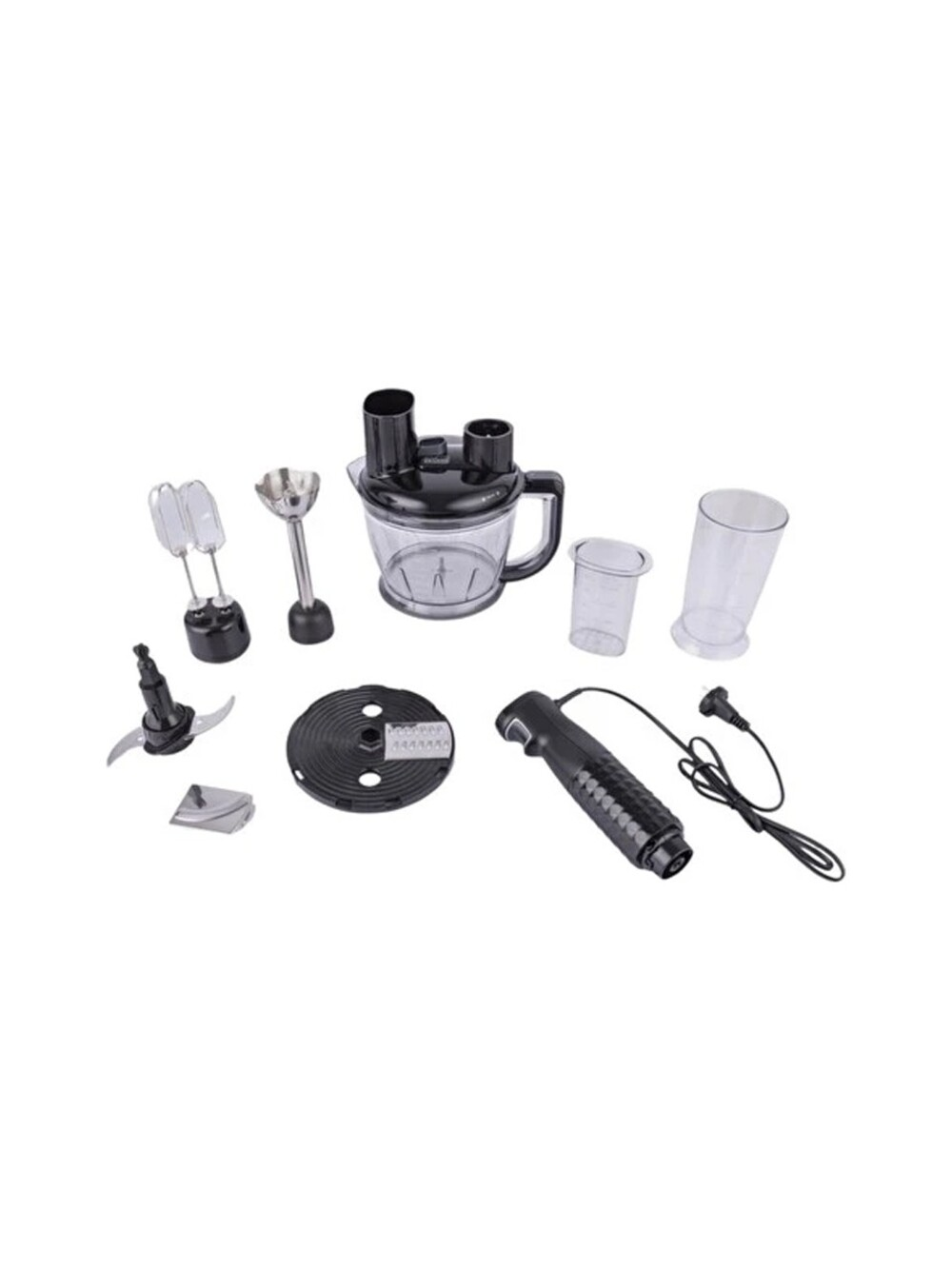 Bir el blender seti, sürahi, çırpıcı ve doğrayıcı aksesuarlarıyla birlikte.