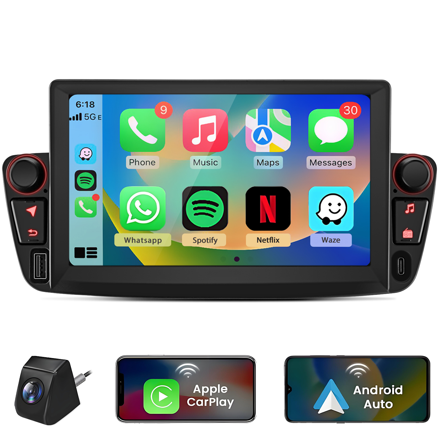 Autoradio mit Apps wie Phone, Music, Maps, Spotify und Netflix.