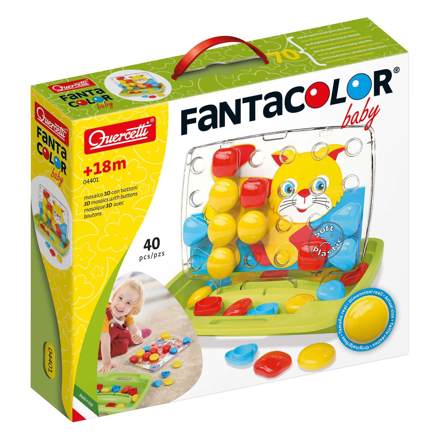 Scatola con gioco educativo per bambini con bottoni colorati e design a gatto.