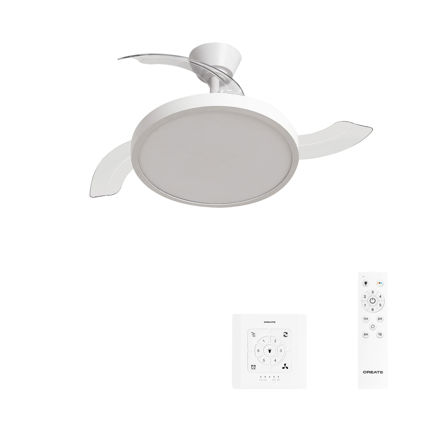 Ventilador de techo blanco con luz LED, control de pared y mando a distancia sobre fondo blanco.
