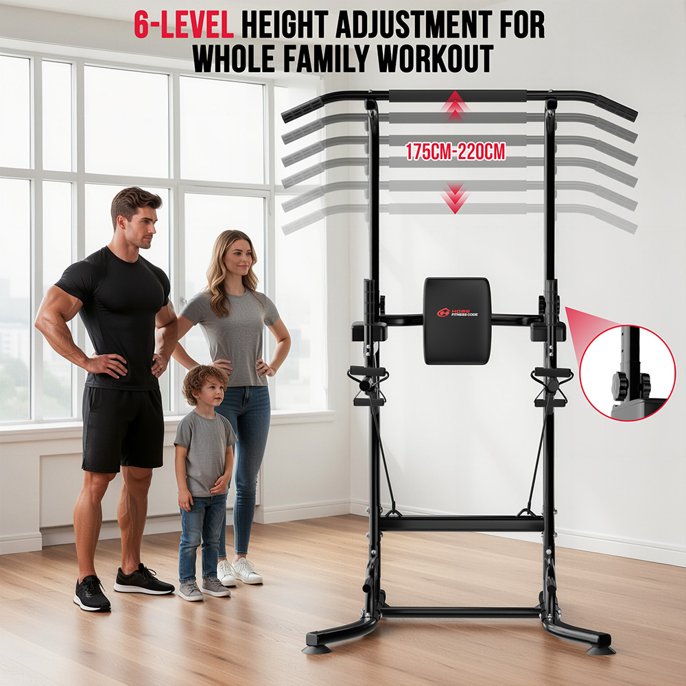 Rodzina przed czarnym urządzeniem fitness z regulacją wysokości.