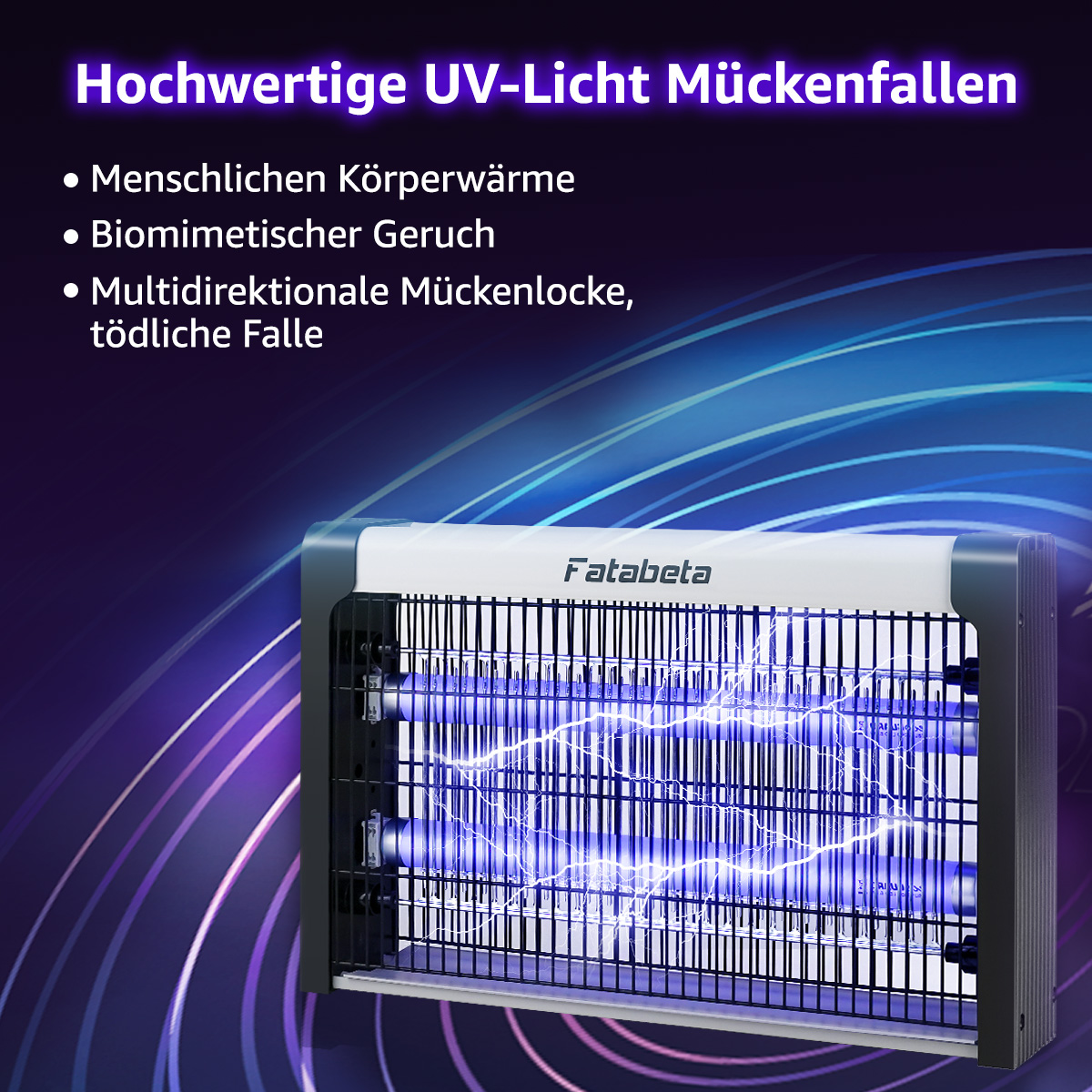 Hochwertige UV-Mückenfallen mit Fatabeta-Logo und blauen Lichtern.