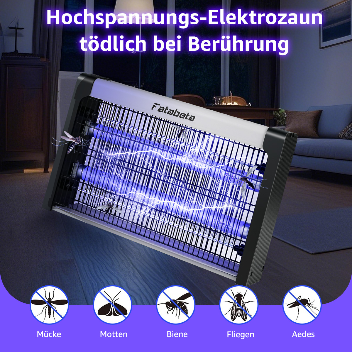 Elektrische Fliegenklatsche mit blauen Lichtern, die Insekten töten.